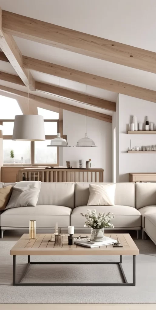 Bright Modern Living Room With Exposed Wooden Beams