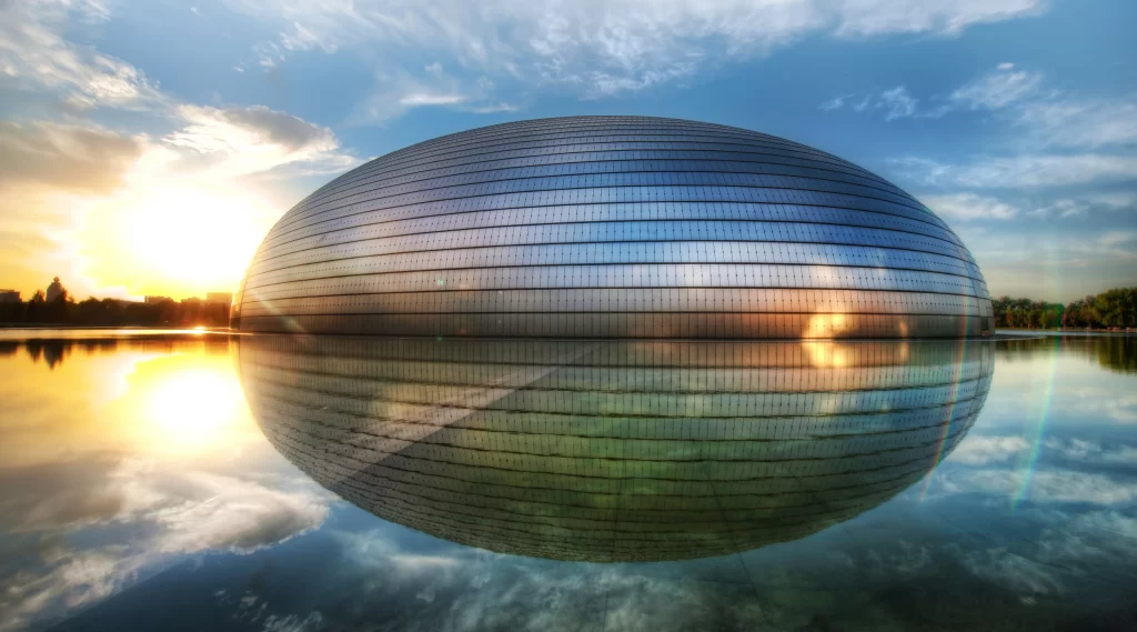 building reflection water sunset modern architecture