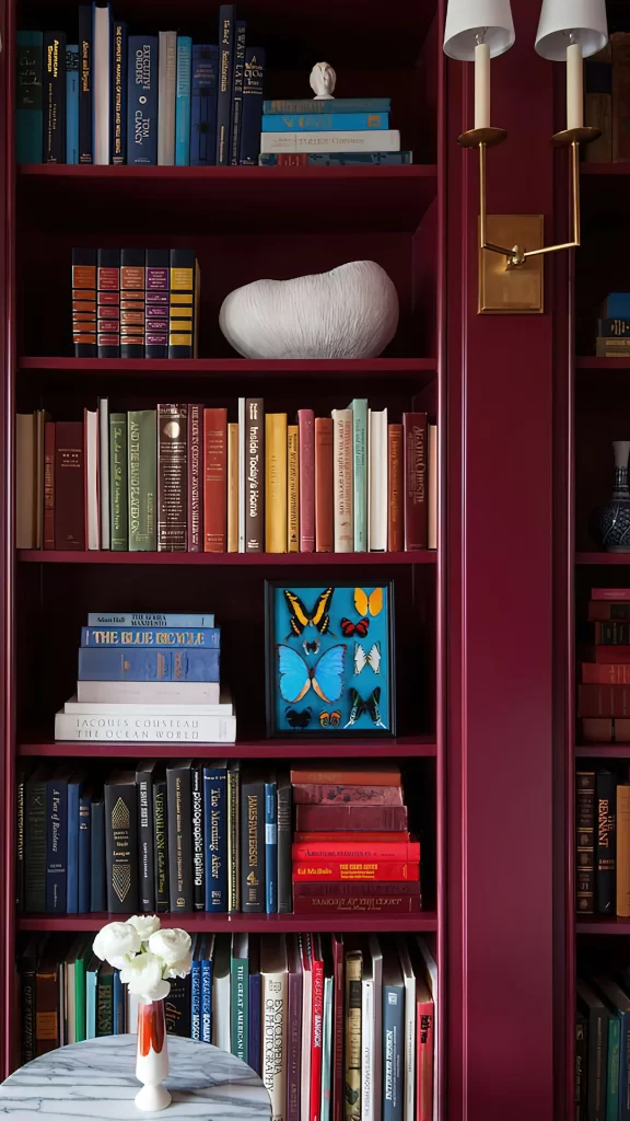 Burgundy Bookcase with Butterfly Art and White Flowers