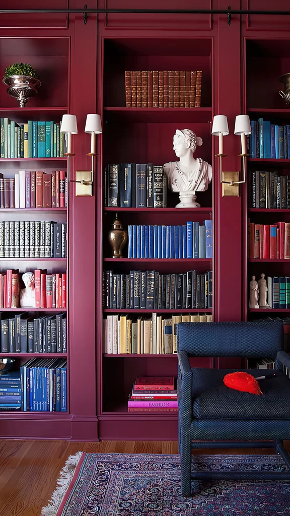 Burgundy Library with Classical Bust and Brass Sconces