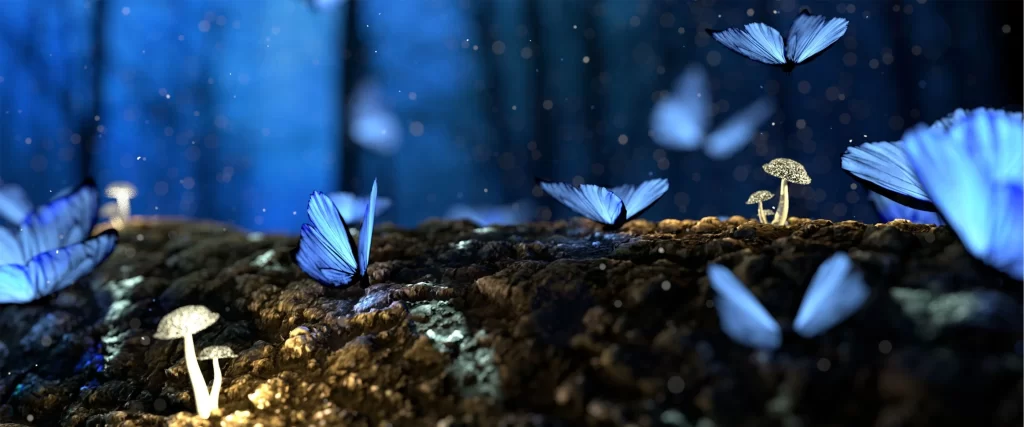 Butterflies Mushrooms Forest Blue Fantasy Magical