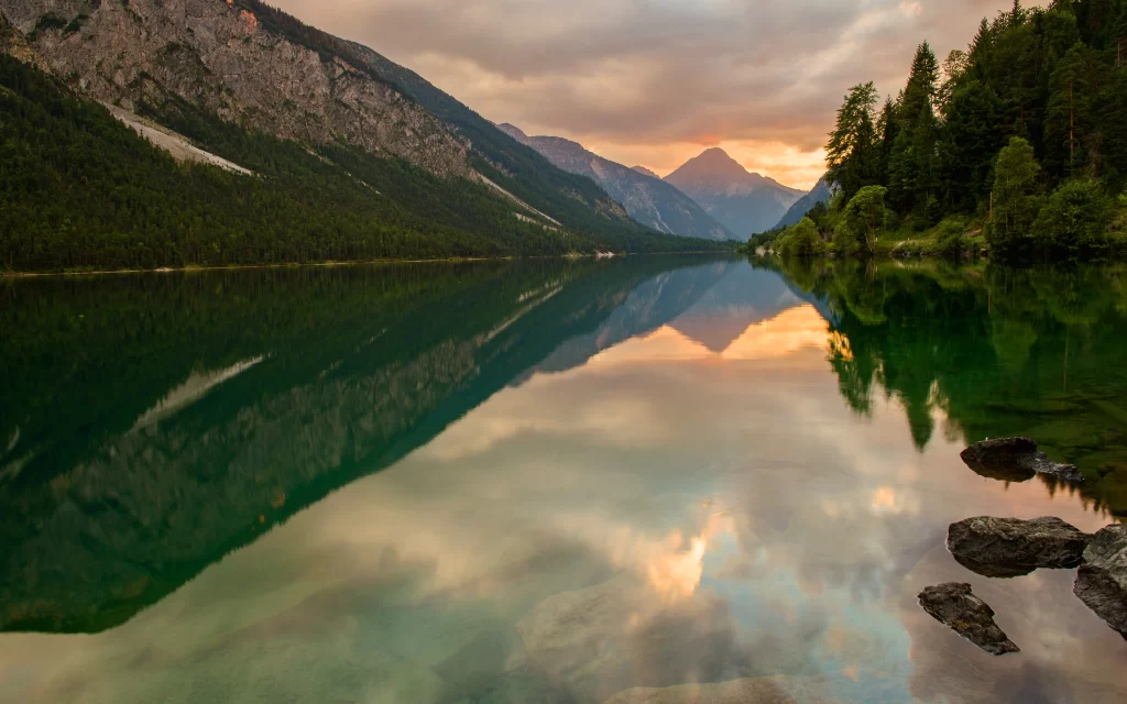 Calm Lake Mountain Sunset Reflection Forest Rocks