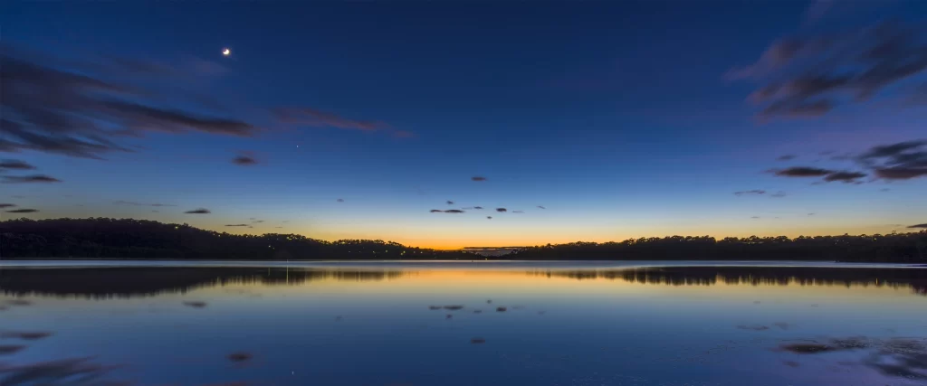 Calm Lake Twilight Sky Crescent Moon Reflection Serene Natural