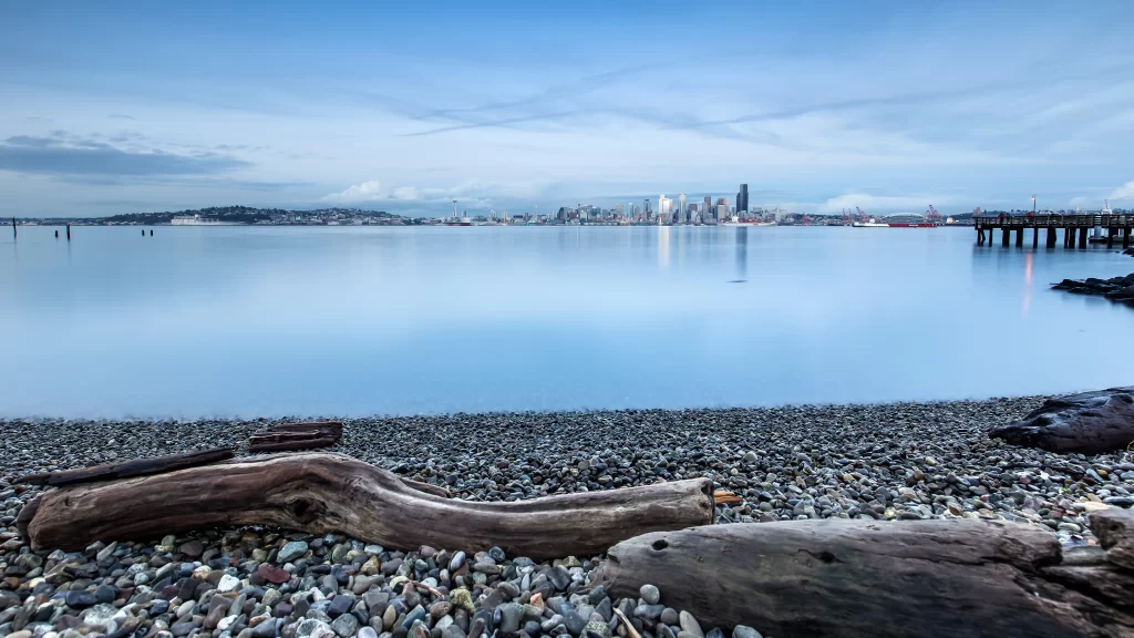 calm water cityscape pebbles driftwood pier