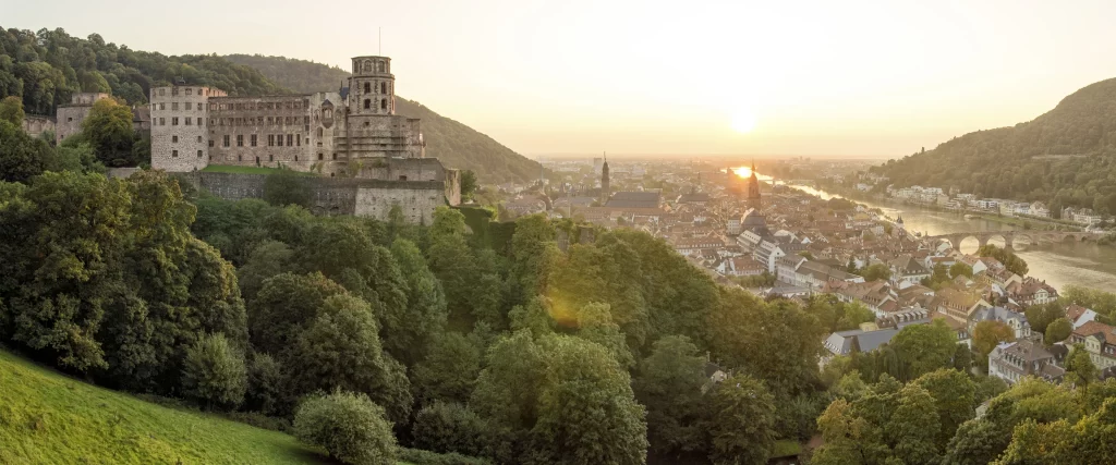 castle town river sunset nature architecture