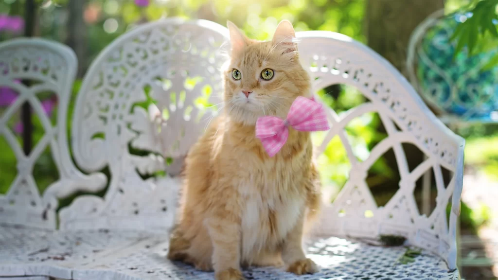 Cat Pink Bowtie White Bench Garden Sunlight