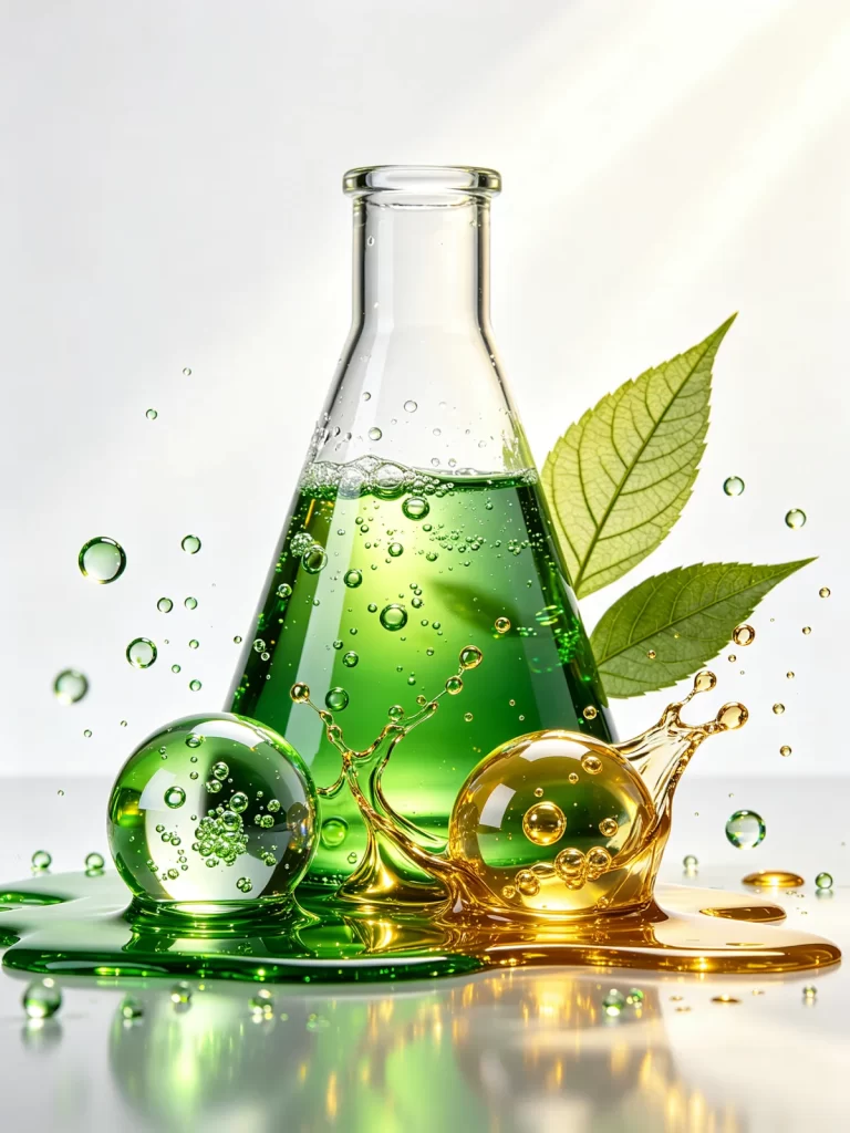 Chemical Experiment Green Liquid Bubbles Leaf Glass