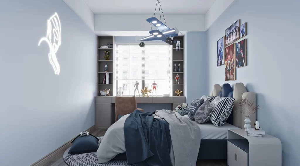 Children’s Bedroom Blue Wall Airplane Lamp Neon Sign Bookshelf Figures