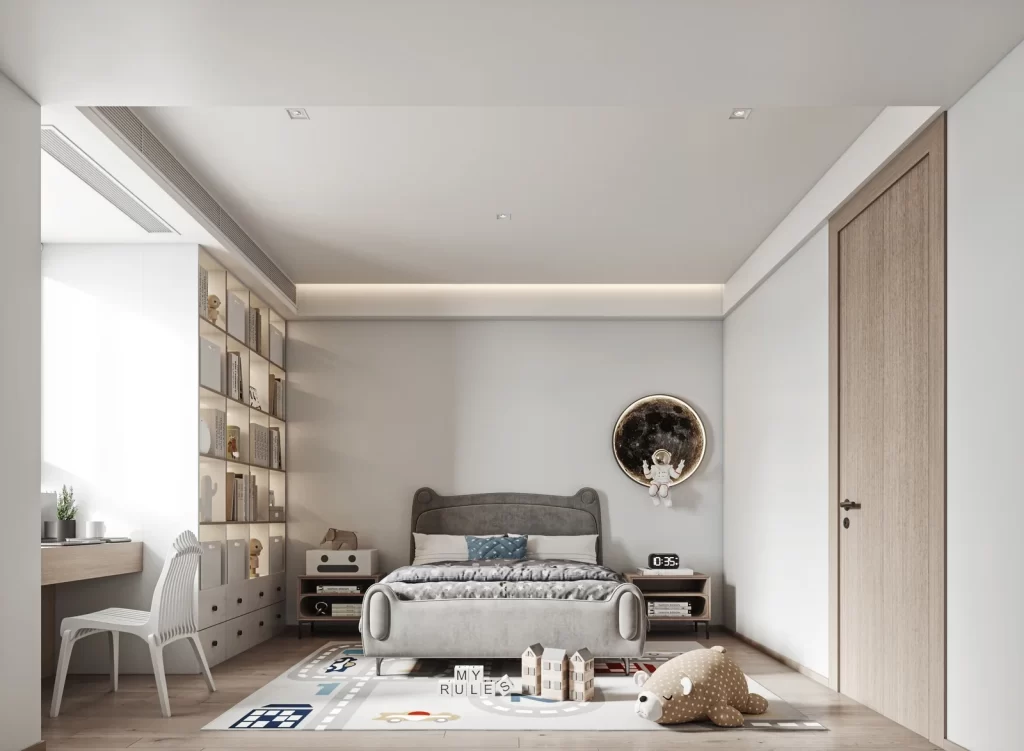 Childs Bedroom Neutral Color Palette Modern Furniture Soft Lighting