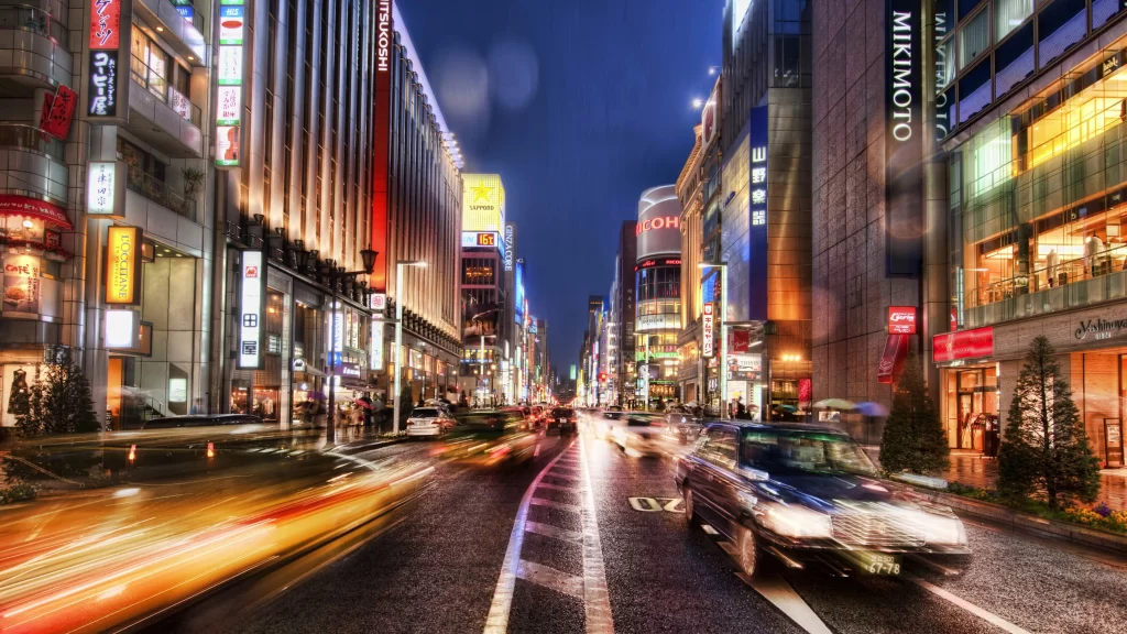 Cityscape Night Lights Buildings Vehicles Motion Blur
