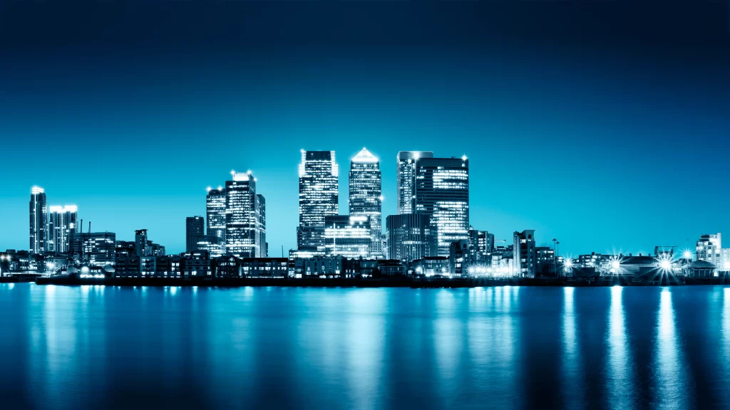 cityscape skyscrapers night reflection water lights