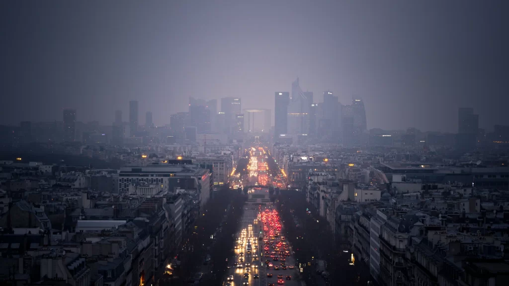 cityscape skyscrapers traffic lights fog urban