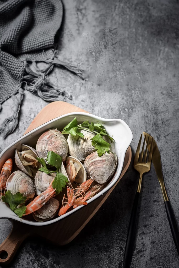Clams Shrimp Green Herbs White Dish