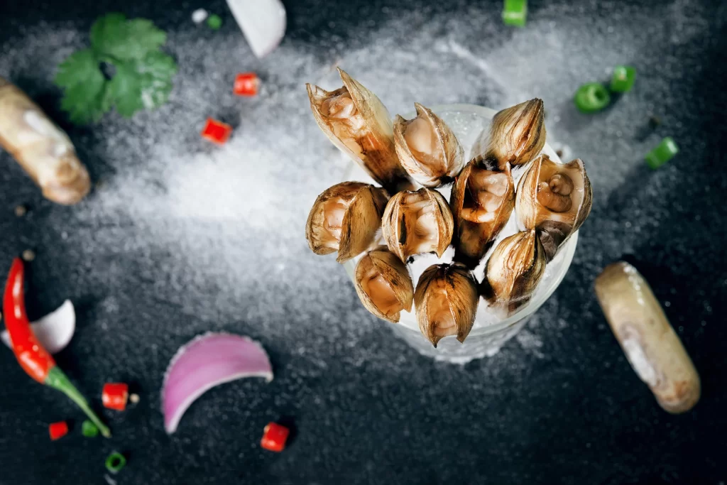 Clams Steamed Brown Shell Black Background