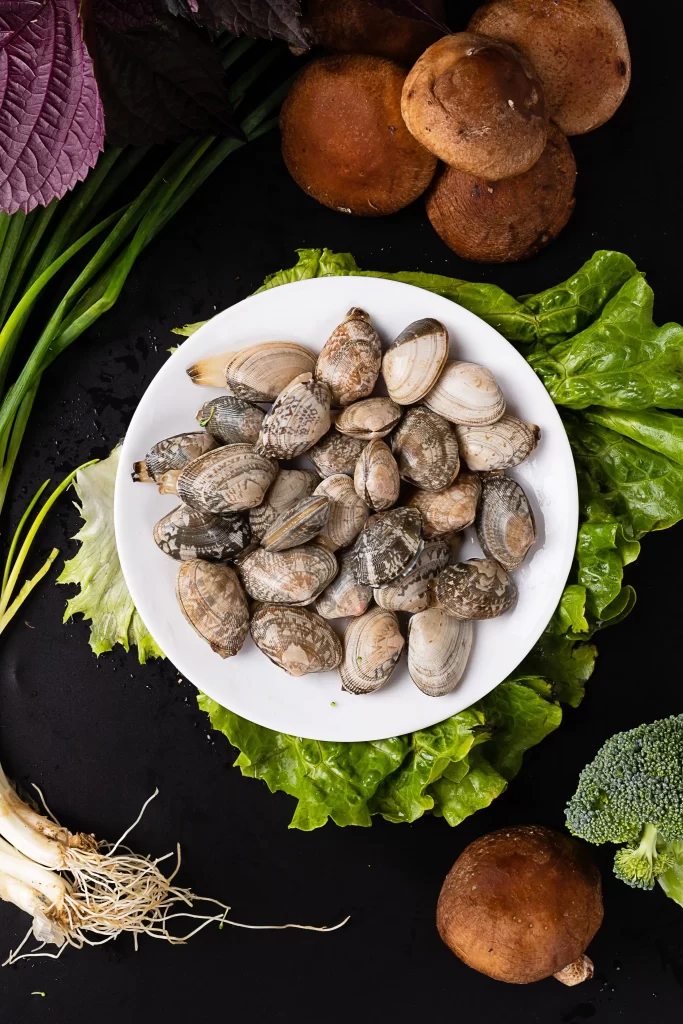 Clams White Plate Fresh Green Lettuce Brown Mushrooms