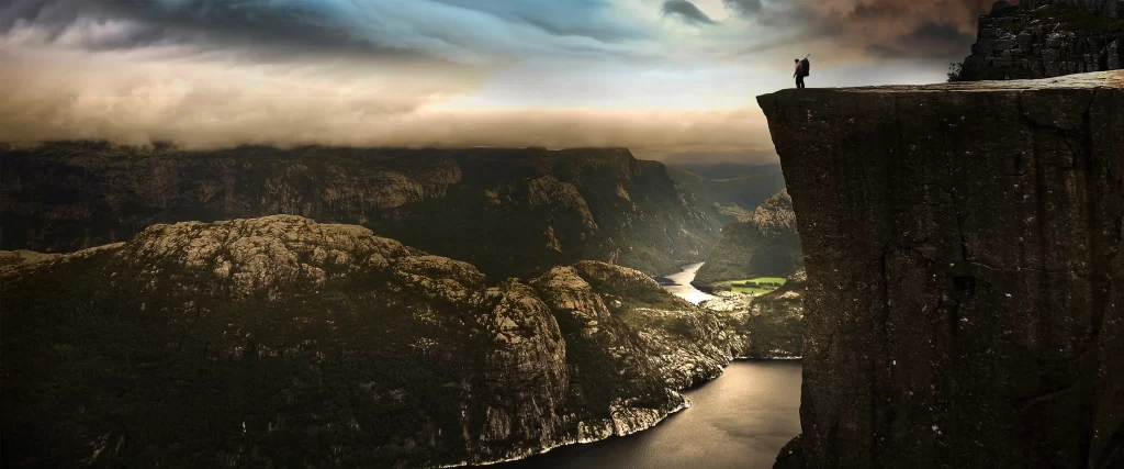 Cliff Person Landscape Clouds River Nature