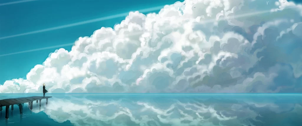 clouds water sky reflection pier person