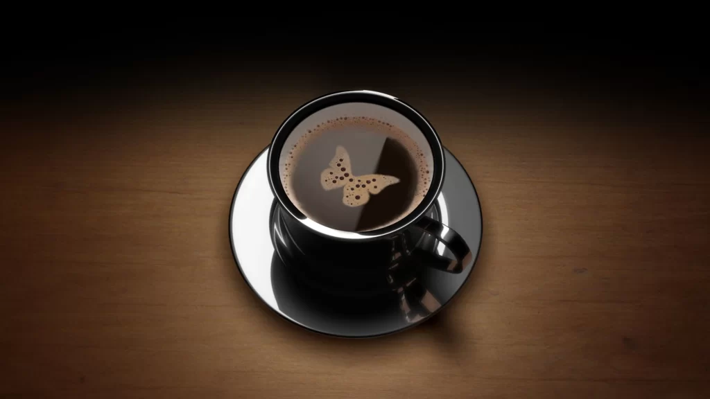 Coffee Cup Butterfly Foam Art Wooden Table Black Cup