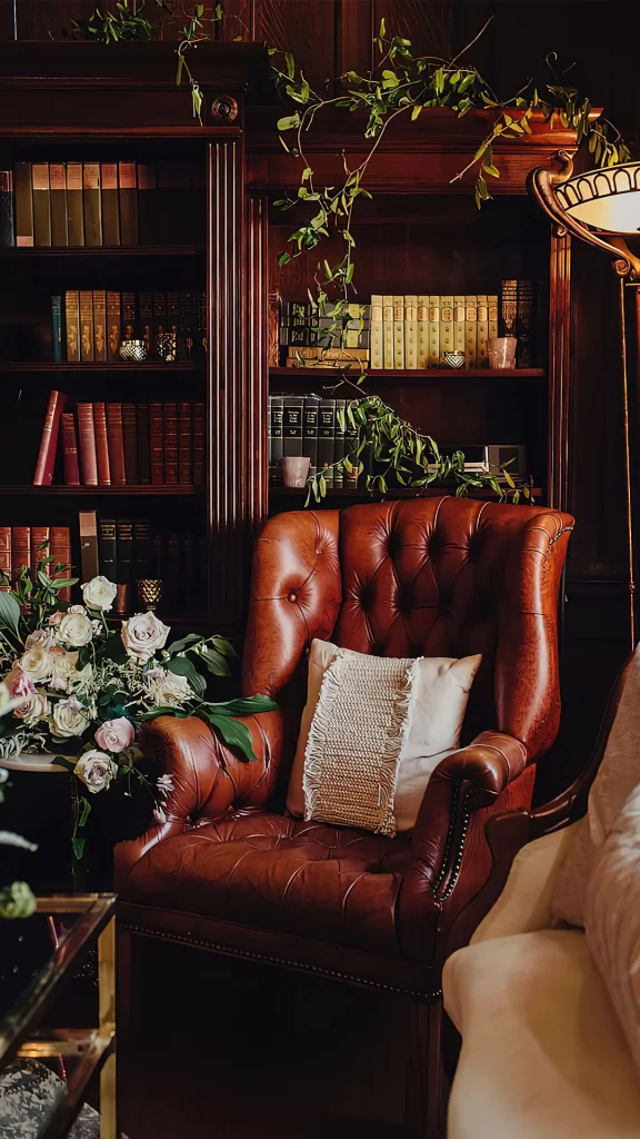 Cognac Leather Chesterfield Armchair with Bookshelves and Roses