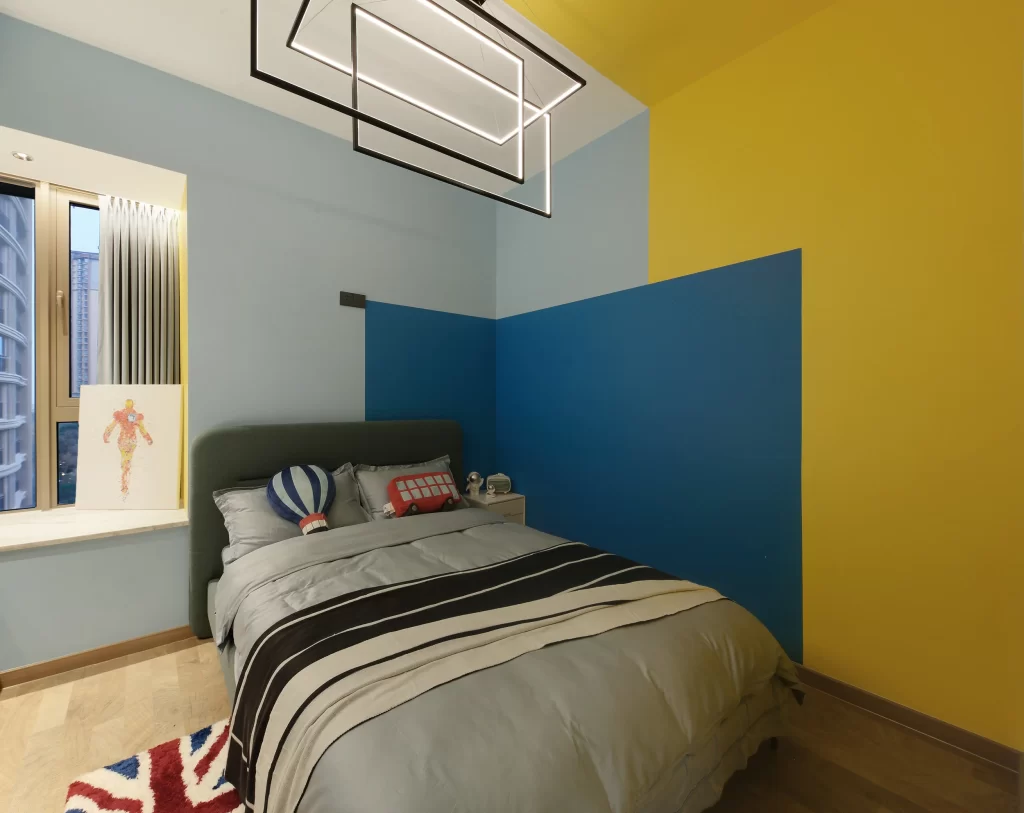 Colorful Bedroom Geometric Patterns Blue Yellow Black Bed