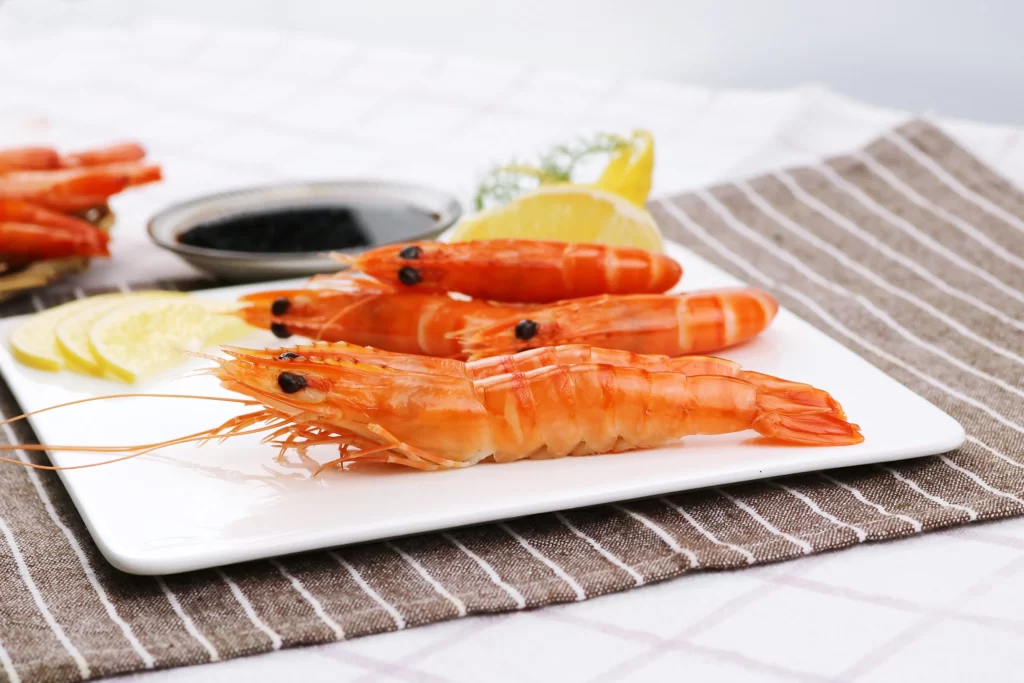 Cooked Shrimp Orange Shell White Plate Lemon
