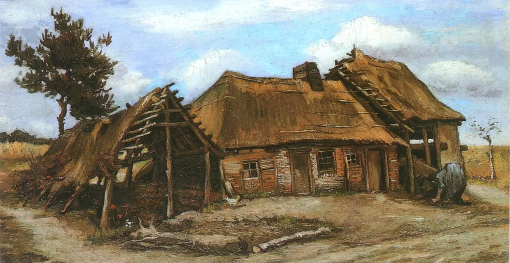 Cottage with Decrepit Barn and Stooping Woman Van Gogh