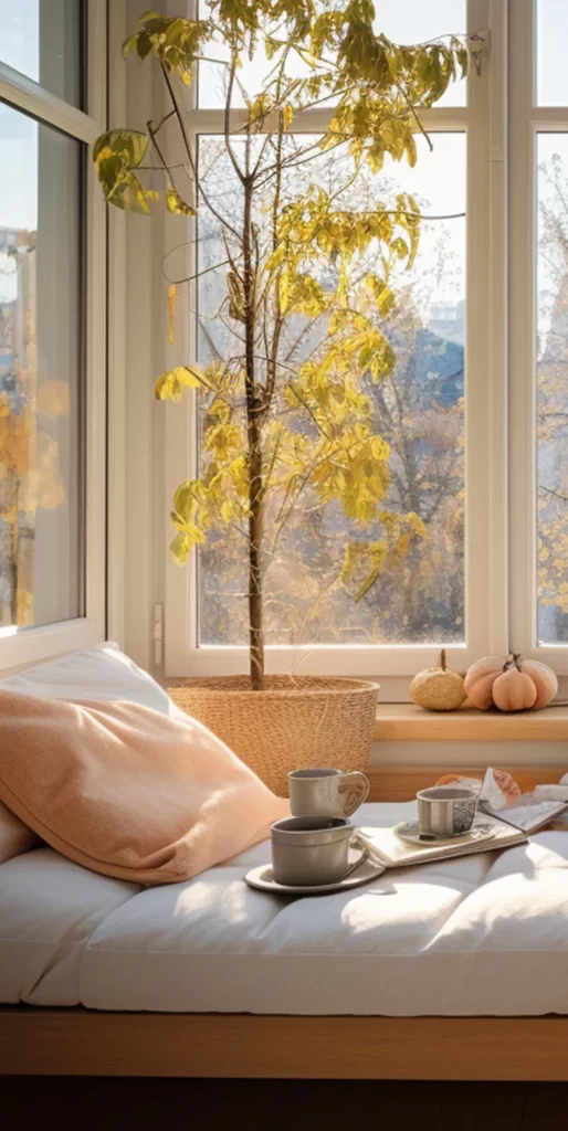 Cozy Autumn Bedroom Interior with Pumpkins