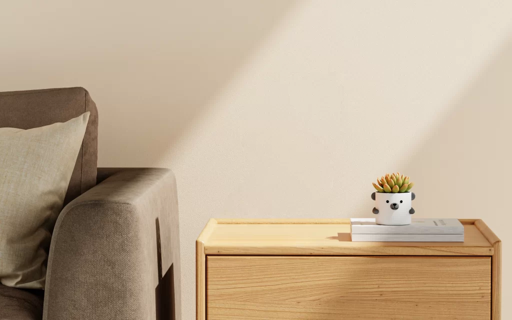 Cozy Minimalist Interior with Wooden Nightstand and Succulent Plant