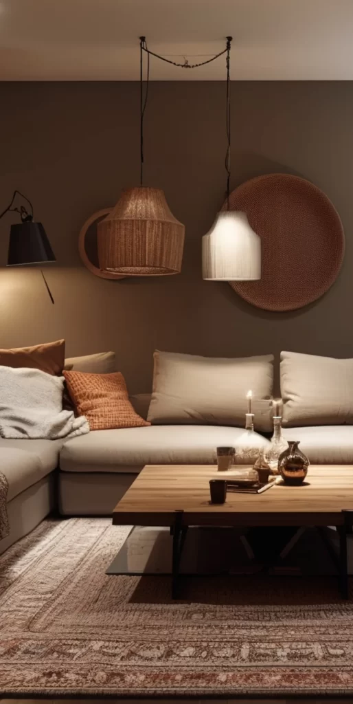Cozy Modern Living Room With Woven Pendant Lighting
