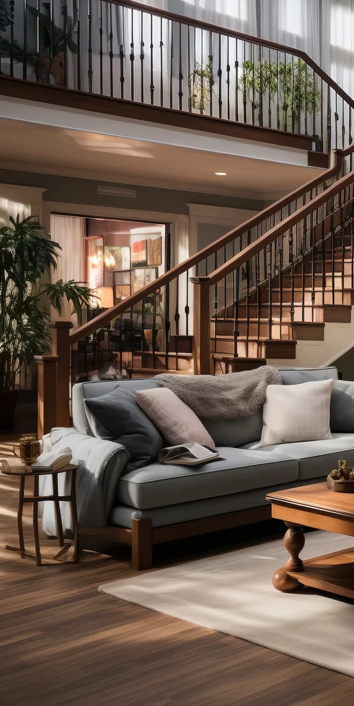Cozy Transitional Living Room With Wooden Staircase