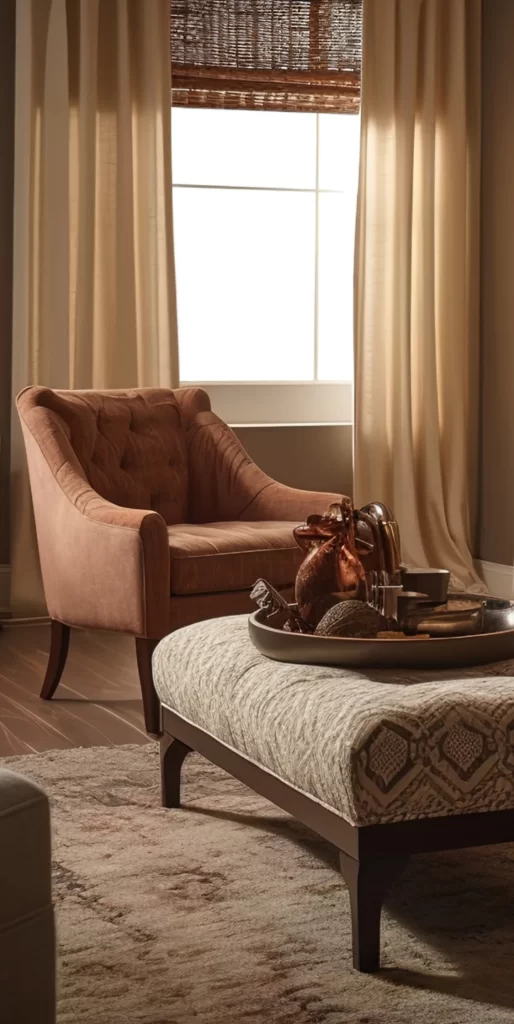 Cozy Tufted Armchair Beside Patterned Ottoman