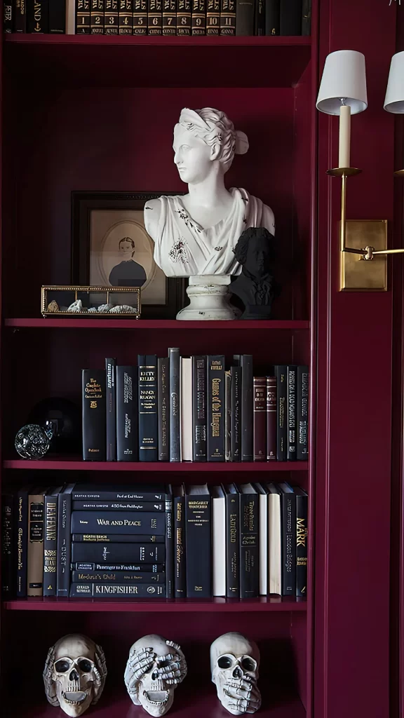 Dark Academia Burgundy Bookshelf With Busts