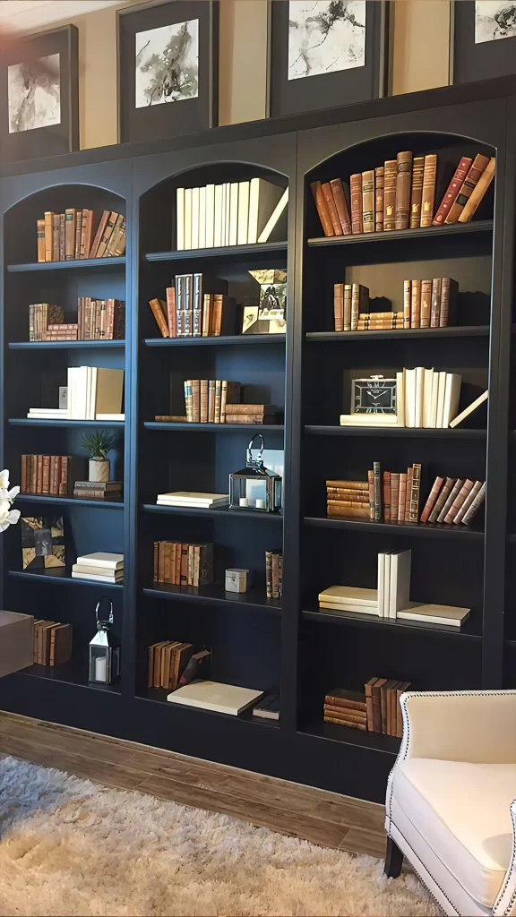 Dark Arched Bookshelf with Vintage Books and Lanterns