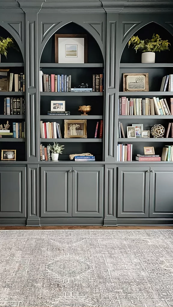 Dark Grey Gothic Bookshelf with Books and Decorative Objects
