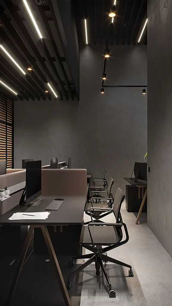 Dark Industrial Workspace With Privacy Partitions