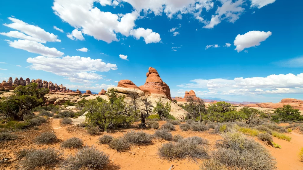 desert landscape rock formations blue sky white clouds green shrubs arid terrain