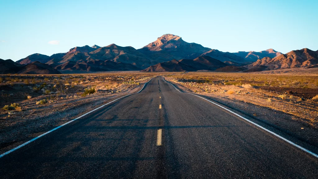 Desert Road Mountains Clear Sky Sunset Solitude