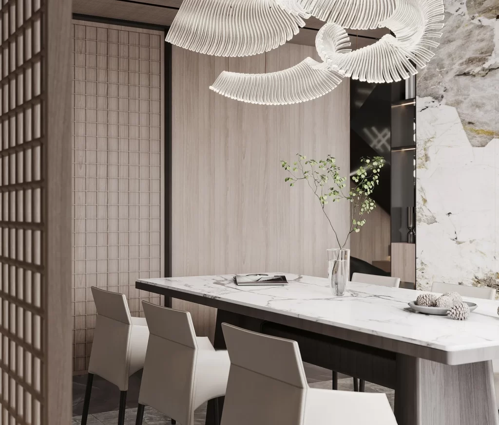 Dining Room Contemporary Neutral Tones Marble Table Chairs Unique Lighting