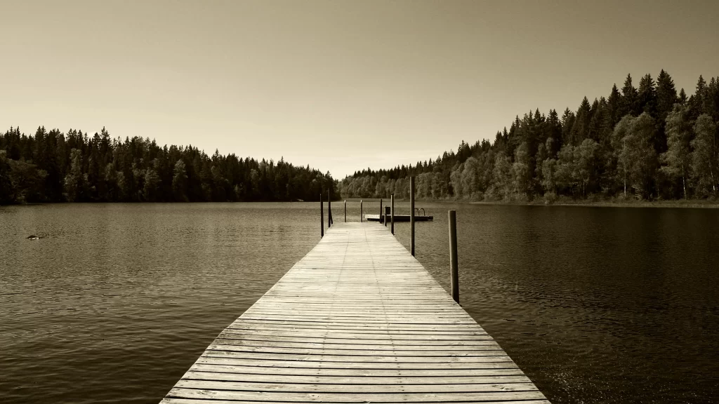 dock lake trees calm serene nature
