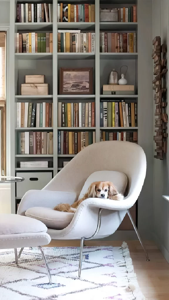Dog in White Armchair Before Green Built-In Bookshelf