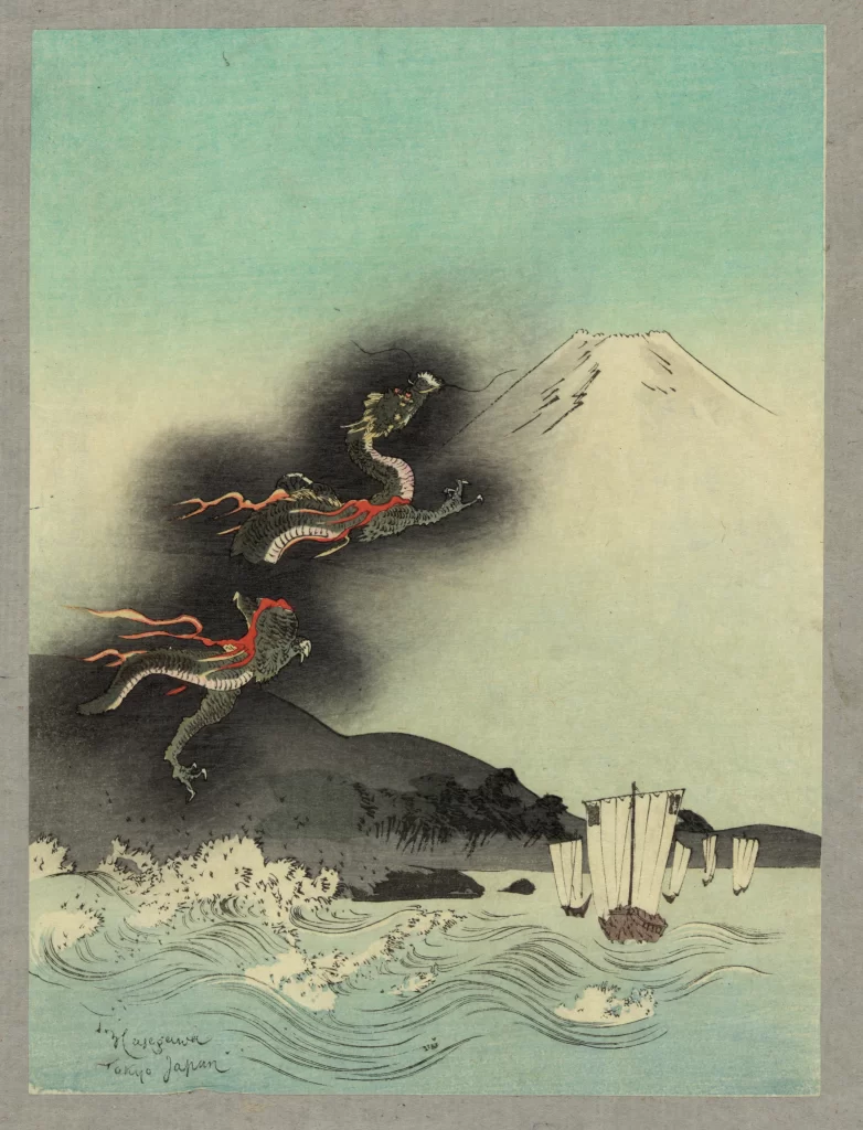 Dragon Traditional Art Blue Red Mountain Boats