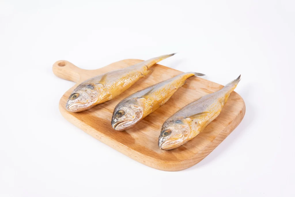 Dried Fish Light Brown Wooden Board White Background