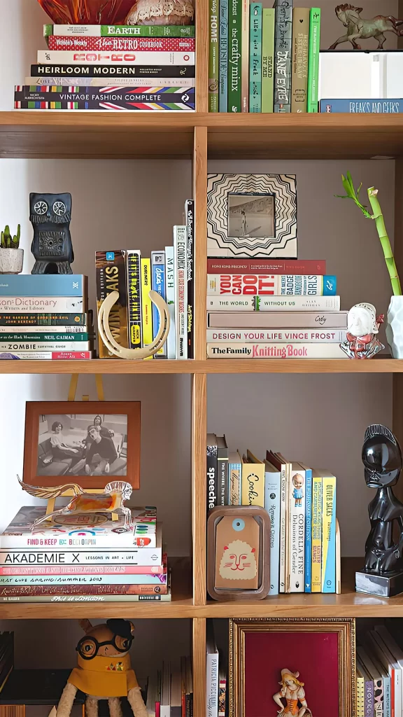 Eclectic Light Wood Bookshelf With Collectibles