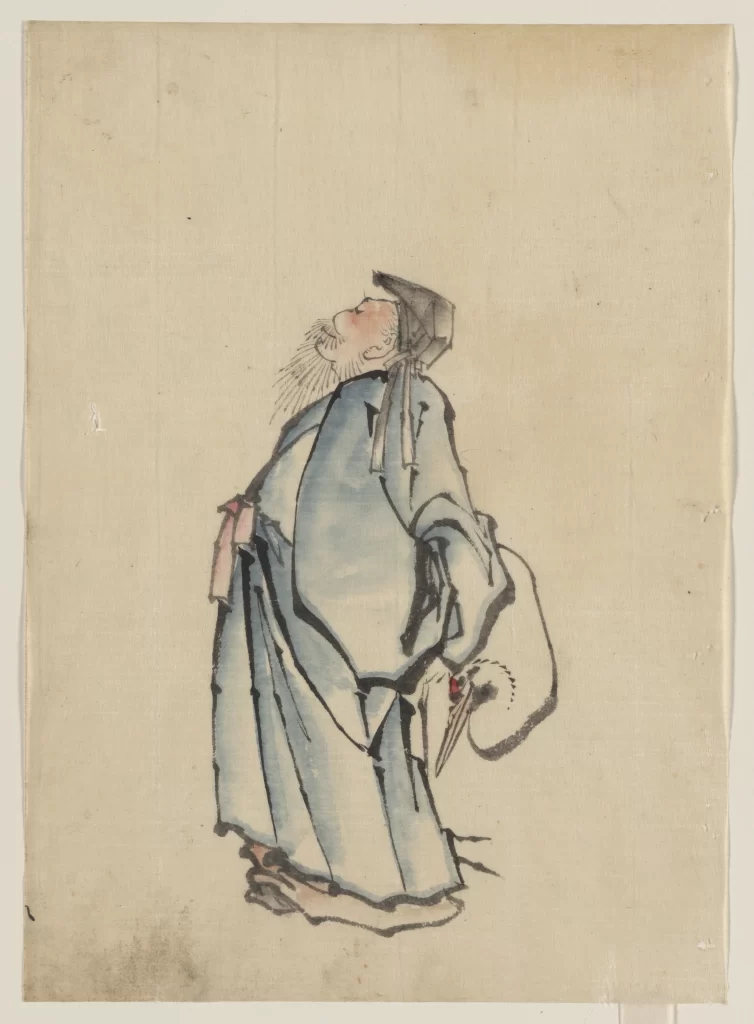 Elderly Man Blue Robe Hat Walking Stick