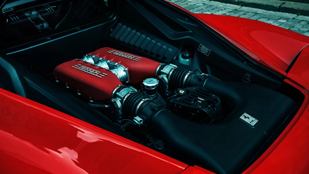 engine Ferrari red car hood details
