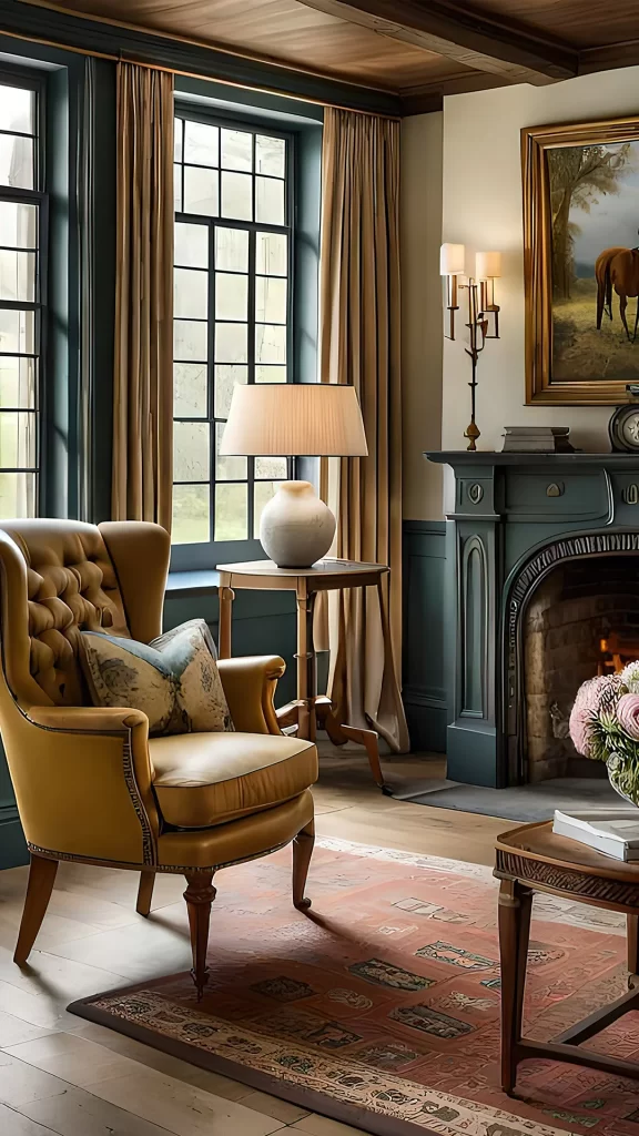 English Country Wingback Chair and Fireplace