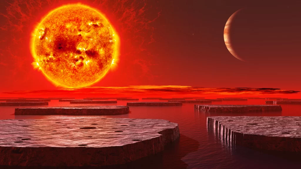 extraterrestrial landscape celestial bodies red sky rocky terrain cosmic scene o