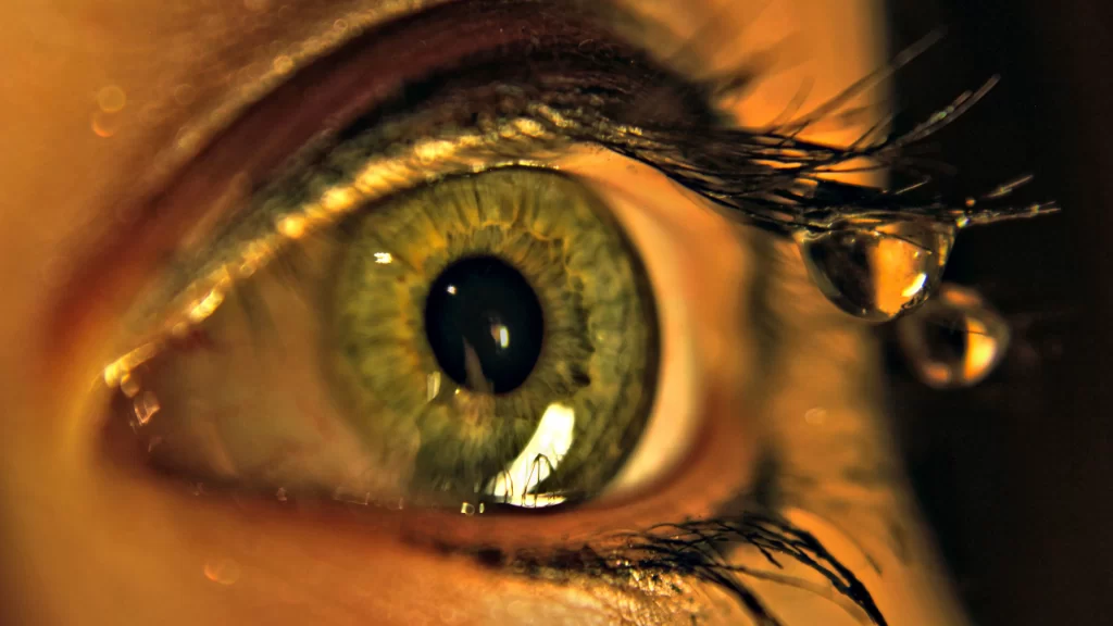 eye water droplets reflection green eyelashes closeup emotion detail