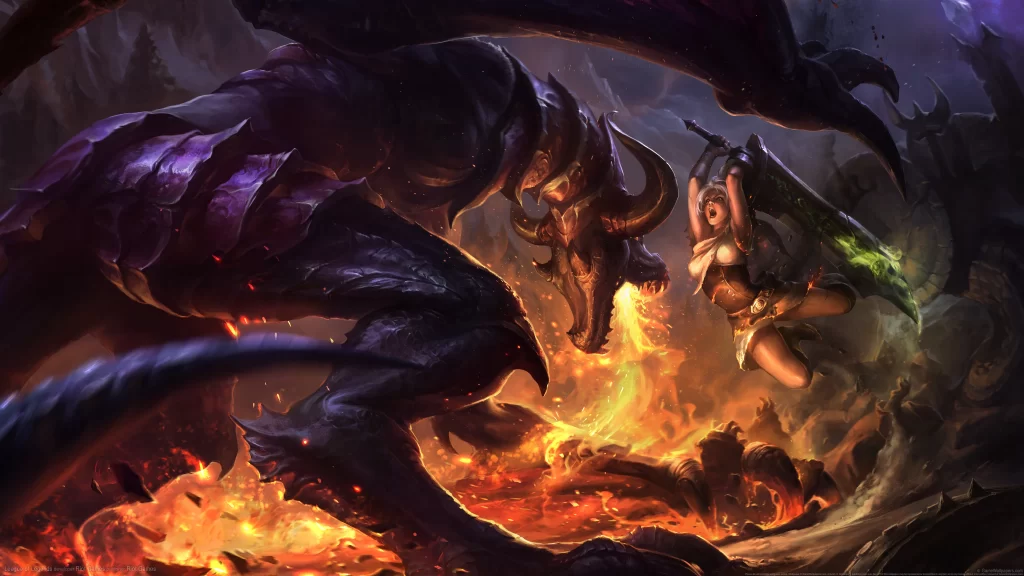 fantasy battle dragon warrior fire chaos