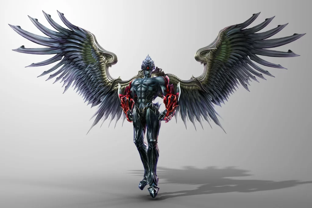 fantasy character wings armor red accents dark color dynamic pose